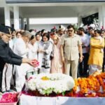 Vice President C.P. Radhakrishnan paid tribute to the mortal remains of former CM Khanduri by laying a floral wreath.